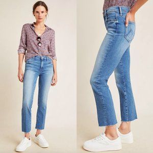 MOTHER The Rascal Mid-Rise Ankle Fray Jeans Slim Straight Leg Raw Hem Blue 27